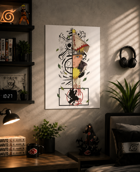 Naruto Hokage Legacy A3 anime poster featuring a minimalist split-face illustration of Naruto Uzumaki with Hidden Leaf Village-inspired artwork, printed on premium 300 GSM art board.
