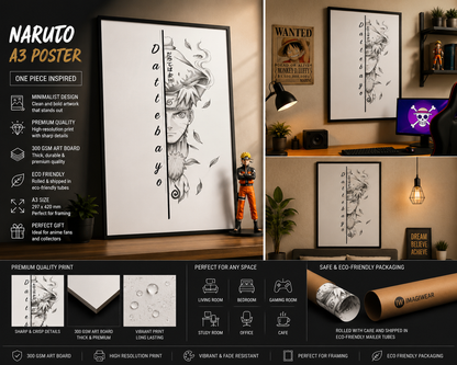 Dattebayo Naruto A3 Anime Poster | Minimalist Manga Wall Art | Premium 300 GSM Print