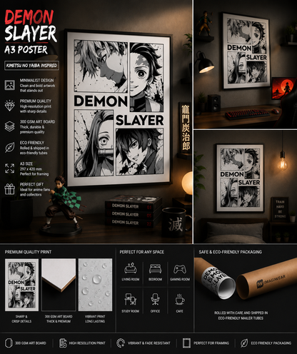 Demon Slayer Character Grid A3 Anime Poster | Minimalist Manga Wall Art | Premium 300 GSM Print