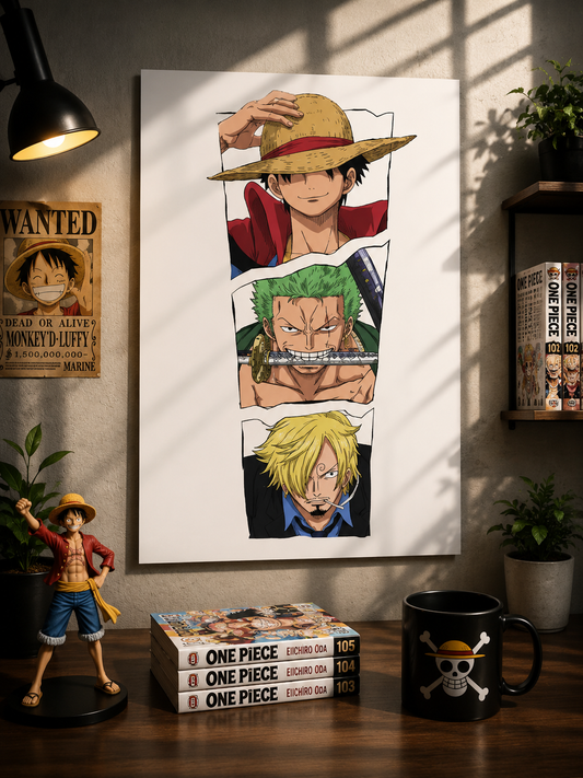 One Piece Monster Trio A3 anime poster featuring Monkey D. Luffy, Roronoa Zoro, and Vinsmoke Sanji in a minimalist vertical composition printed on premium 300 GSM art board.