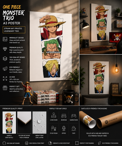One Piece Monster Trio A3 Anime Poster | Luffy, Zoro & Sanji Wall Art | Premium 300 GSM Print