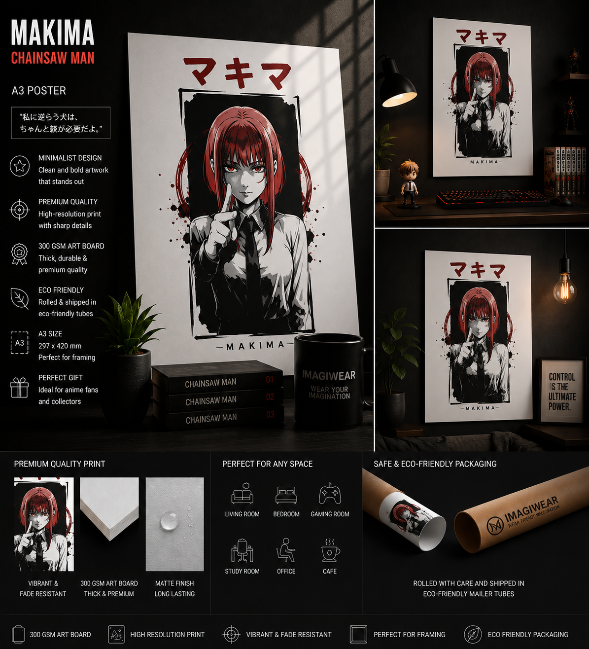 Makima A3 Anime Poster | Premium 300 GSM Wall Art | Unframed