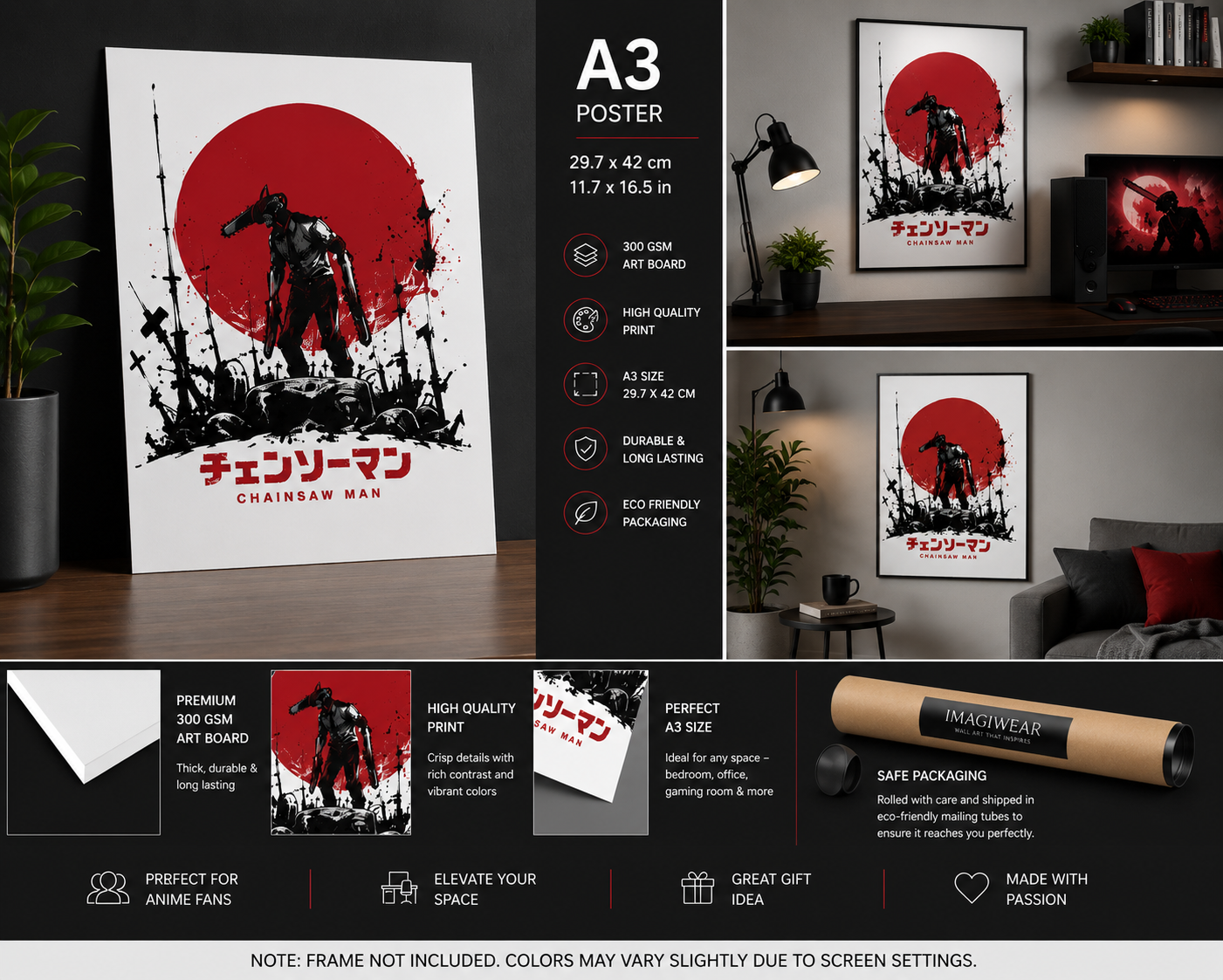 Chainsaw Man Red Sun A3 Anime Poster | Premium 300 GSM Wall Art | Unframed