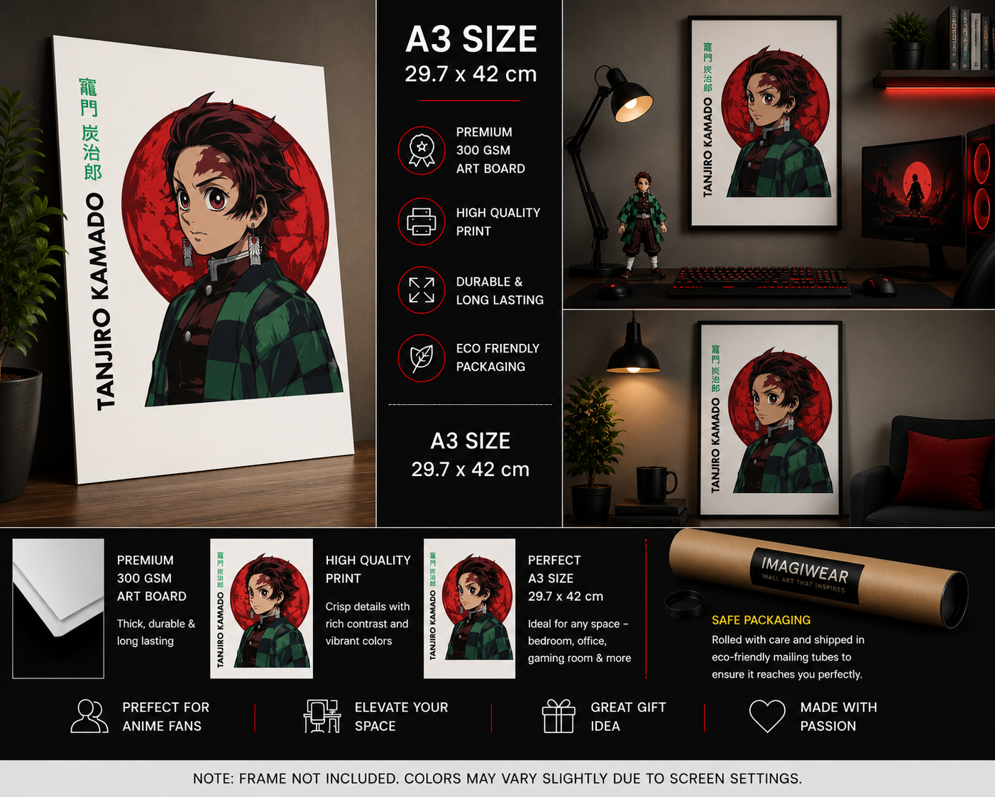 Tanjiro Kamado A3 Anime Poster | Premium 300 GSM Wall Art for Bedroom, Gaming Room & Office