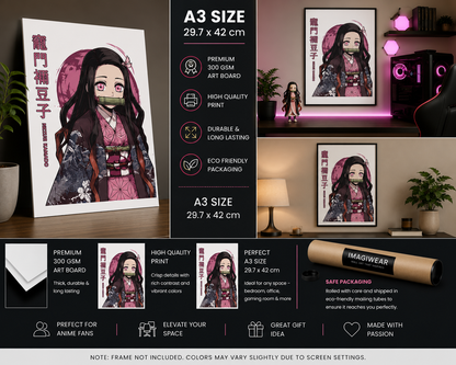 Nezuko Kamado A3 Anime Poster | Premium 300 GSM Wall Art for Bedroom, Gaming Room & Office