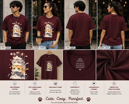 Kawaii Cat Stack Oversized T-Shirt | Cute Anime Cat Graphic Unisex Tee