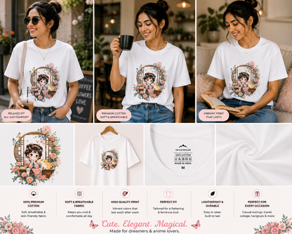Floral Kawaii Girl Oversized T-Shirt | Cute Anime Aesthetic Graphic Unisex Tee