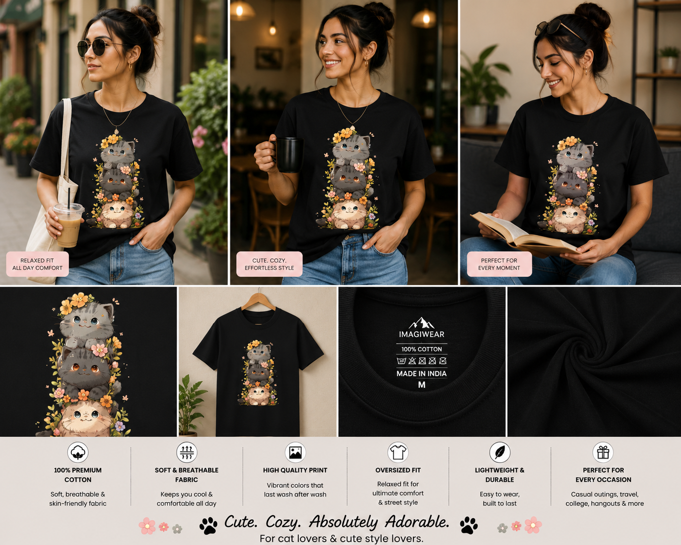 Floral Cat Stack Oversized T-Shirt | Cute Kawaii Cat Graphic Unisex Tee