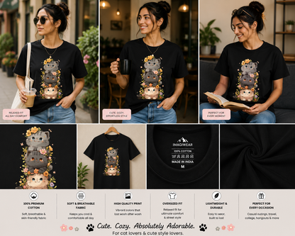 Floral Cat Stack Oversized T-Shirt | Cute Kawaii Cat Graphic Unisex Tee