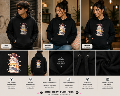 Floral Cat Stack Unisex Hoodie | Cute Kawaii Cat Graphic Hooded Sweatshirt