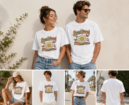 Sunkissed Retro Oversized Unisex T-Shirt – Vintage Smiley Daisy Graphic Tee | 240 GSM Cotton
