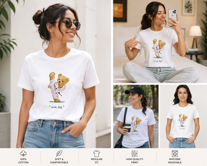 Kick Ass Teddy – Women’s Classic Cotton T-Shirt | Cute Martial Arts Bear Graphic Tee