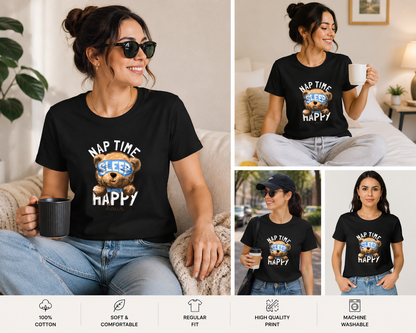 Nap Time Happy Hour Teddy Bear Women's Classic T-Shirt | Cute Sleep Lover Graphic Tee