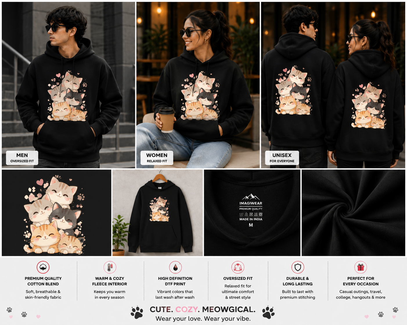 Kawaii Cat Stack Oversized Hoodie | Cute Kitty Graphic Streetwear Hoodie