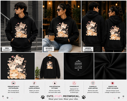 Kawaii Cat Stack Oversized Hoodie | Cute Kitty Graphic Streetwear Hoodie