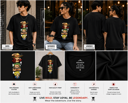 One Piece Trio Oversized T-Shirt | Anime Pirate Graphic Streetwear Tee