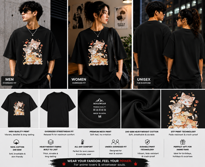 Kawaii Cat Stack Oversized T-Shirt | Cute Cat Graphic Streetwear Tee