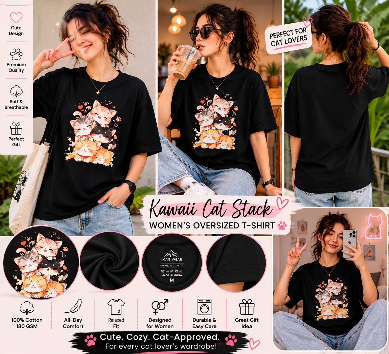 Kawaii Cat Stack Women's Classic T-Shirt | Cute Cat Graphic Cotton Tee
