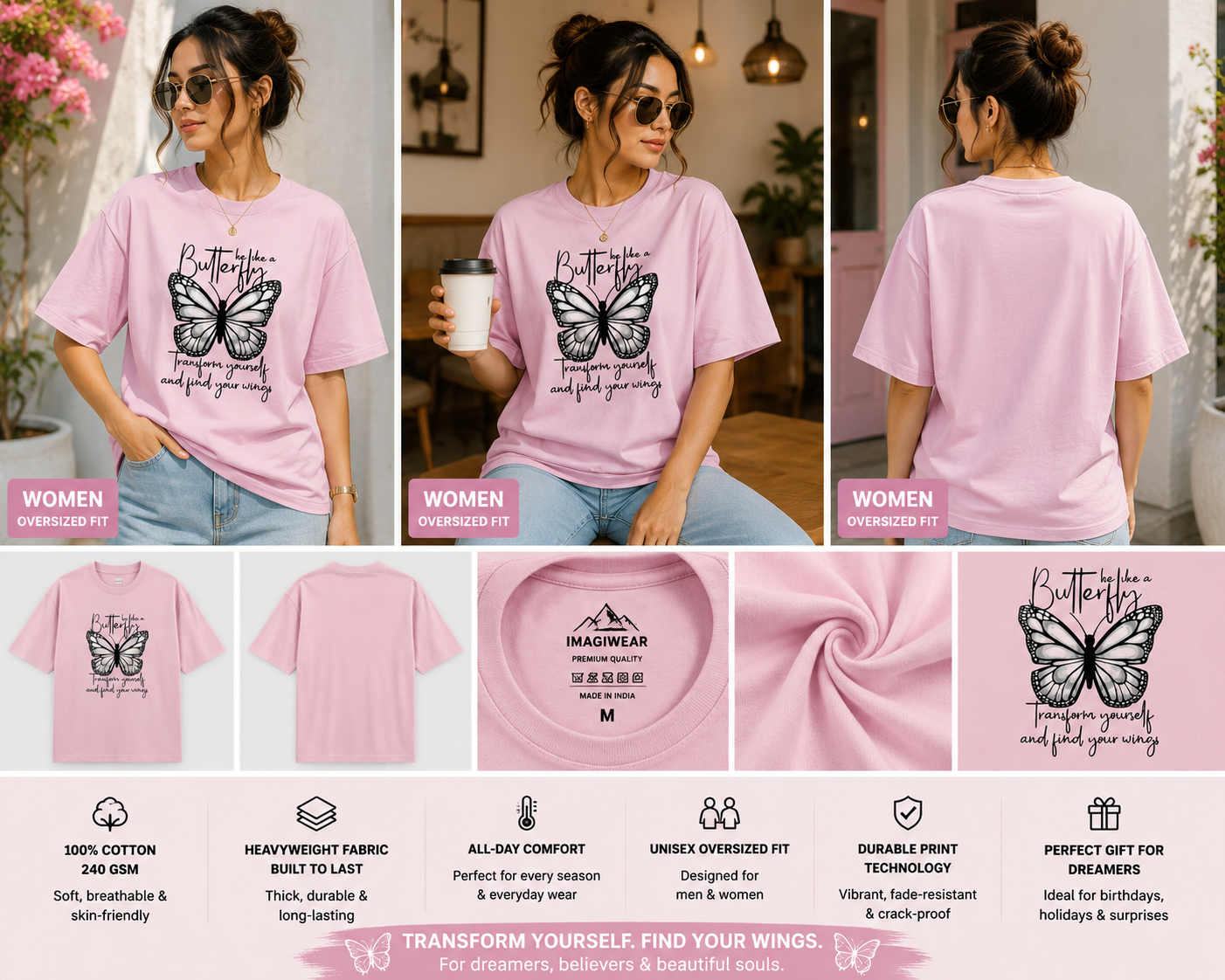 Butterfly Inspiration Oversized T-Shirt | Floral Butterfly Quote Graphic Tee