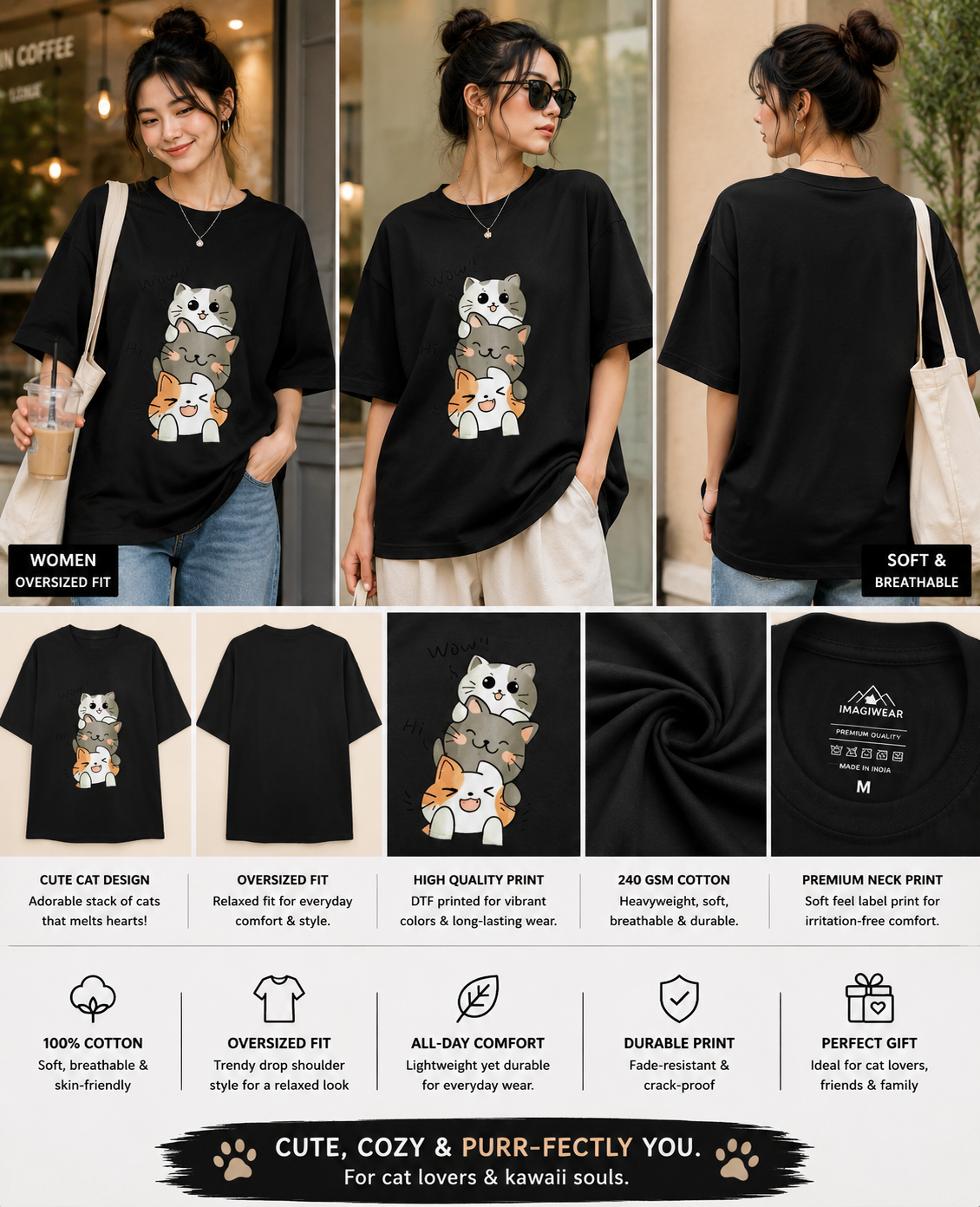Purrfect Trio Oversized T-Shirt | Cute Cat Graphic Streetwear Tee.