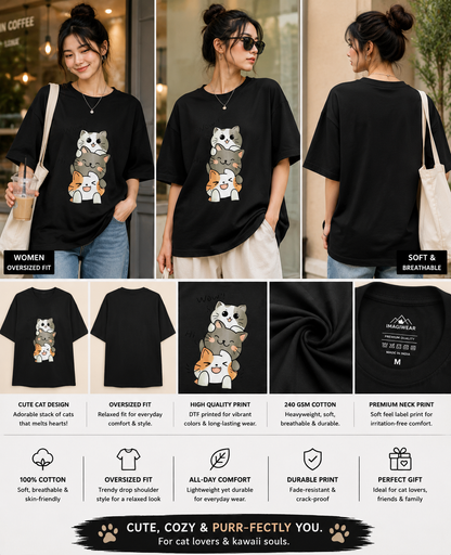 Purrfect Trio Oversized T-Shirt | Cute Cat Graphic Streetwear Tee.