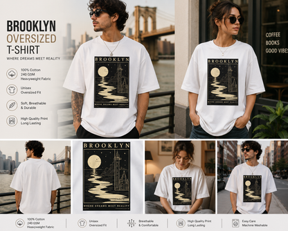 Brooklyn Moonlight Unisex Oversized T-Shirt – Vintage Cityscape Graphic Tee