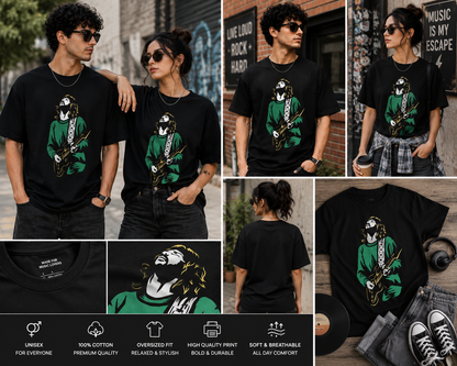 Vintage Guitarist Oversized Unisex T-Shirt – Rock Music Graphic Tee
