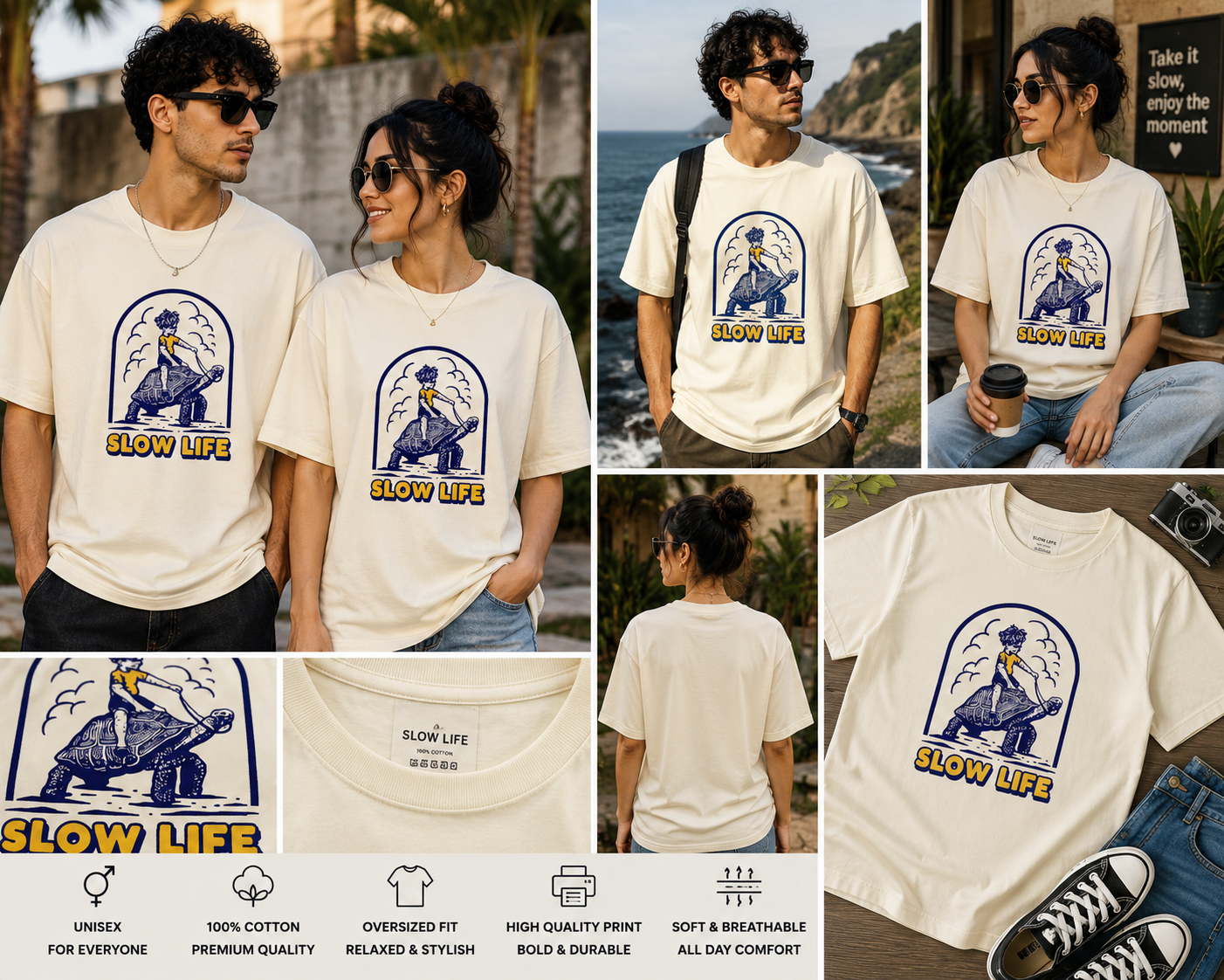 Slow Life Oversized Unisex T-Shirt – Vintage Turtle Graphic Tee