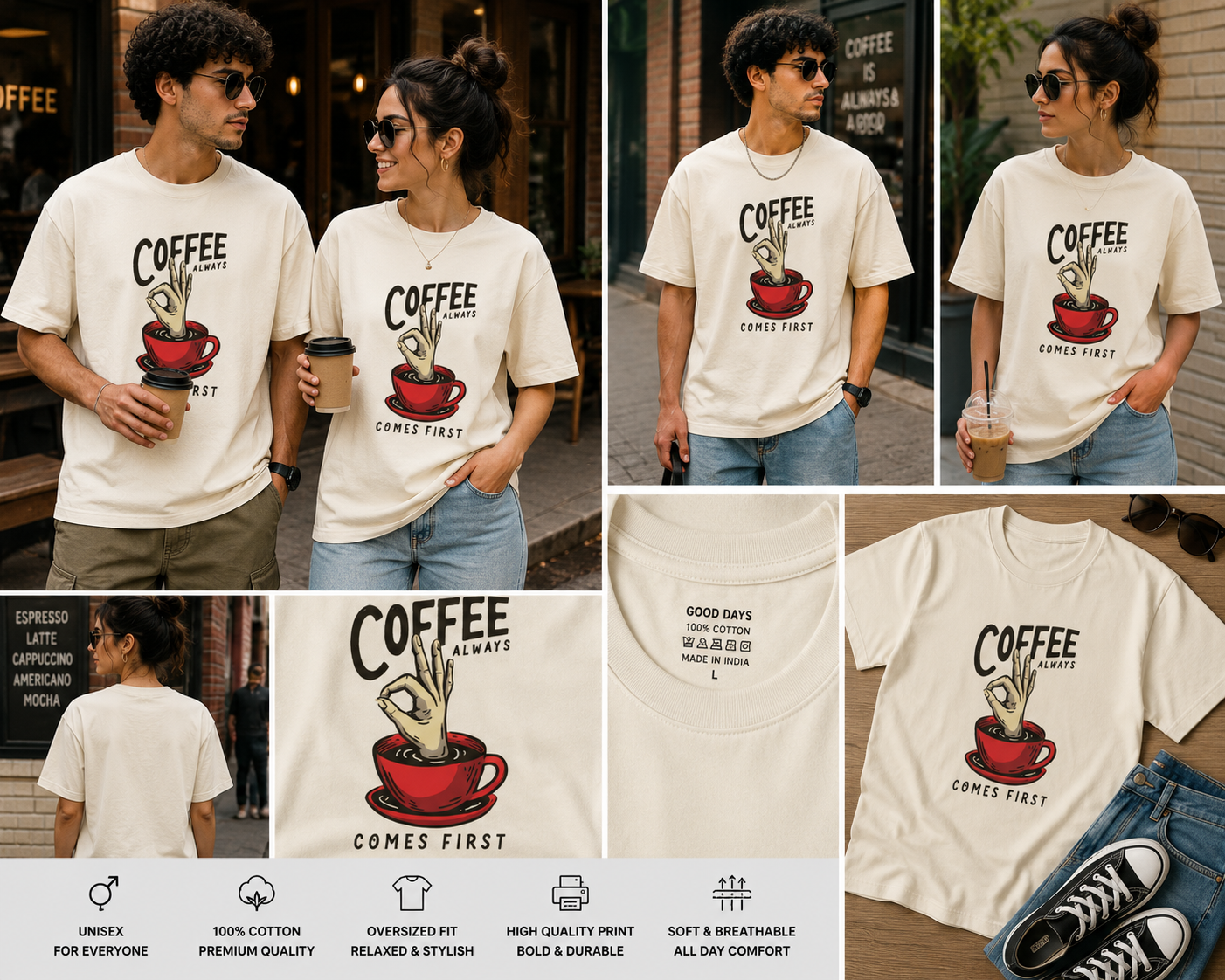 Coffee Always Comes First Oversized Unisex T-Shirt – Coffee Lover Graphic Tee