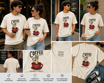 Coffee Always Comes First Oversized Unisex T-Shirt – Coffee Lover Graphic Tee