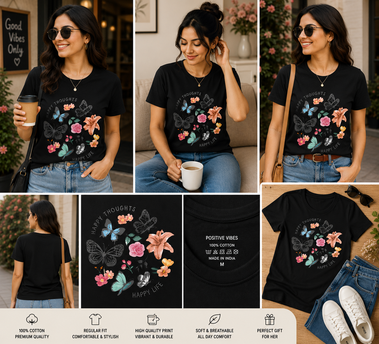 Happy Thoughts Happy Life Women's Classic T-Shirt – Butterfly Floral Graphic Tee