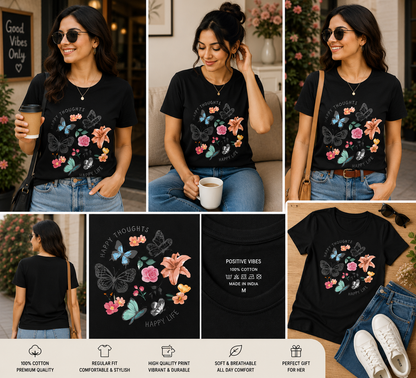 Happy Thoughts Happy Life Women's Classic T-Shirt – Butterfly Floral Graphic Tee