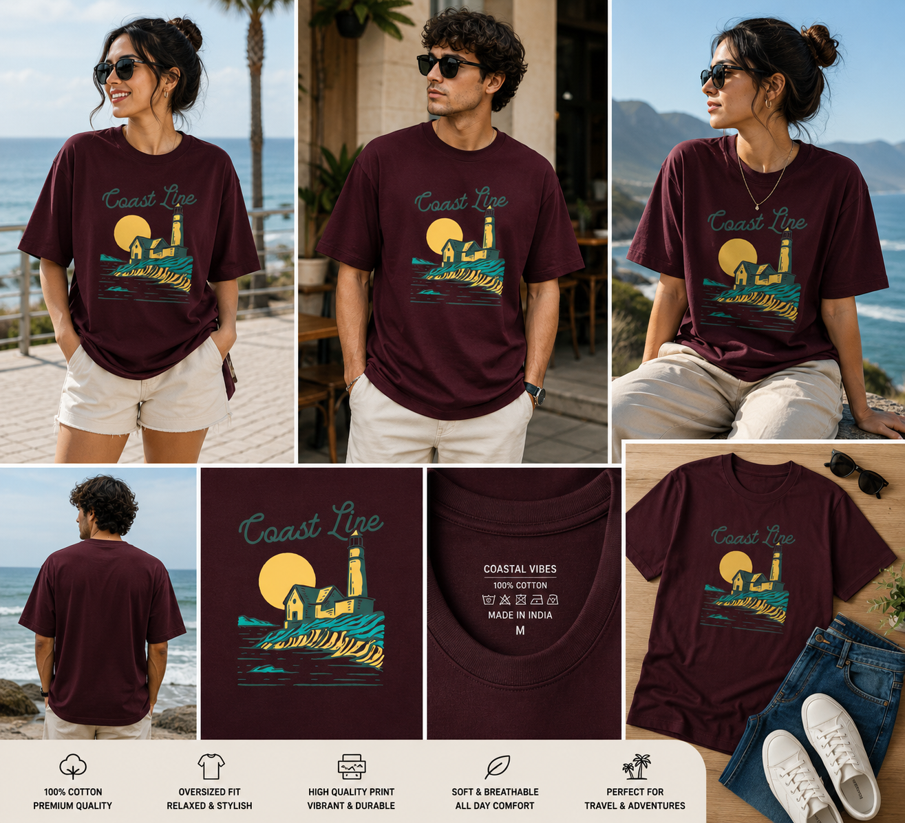 Coast Line Oversized Unisex T-Shirt – Lighthouse Coastal Graphic Tee