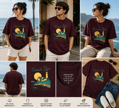 Coast Line Oversized Unisex T-Shirt – Lighthouse Coastal Graphic Tee