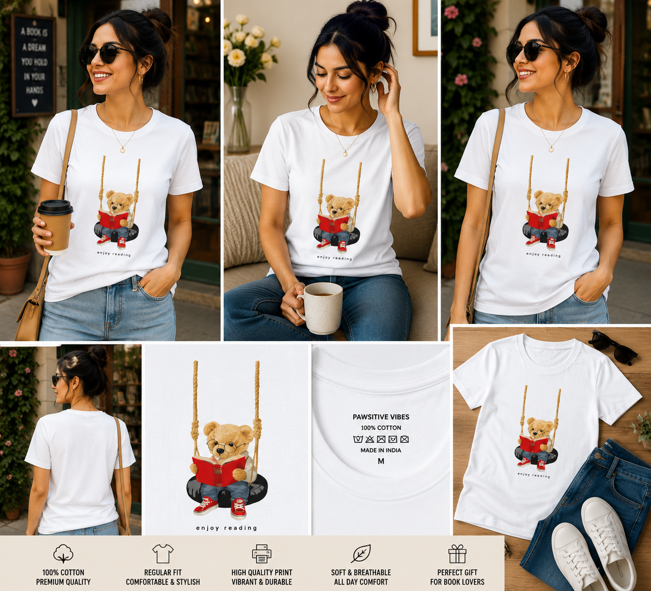 Enjoy Reading Teddy Bear Women's Classic T-Shirt – Cute Book Lover Graphic Tee