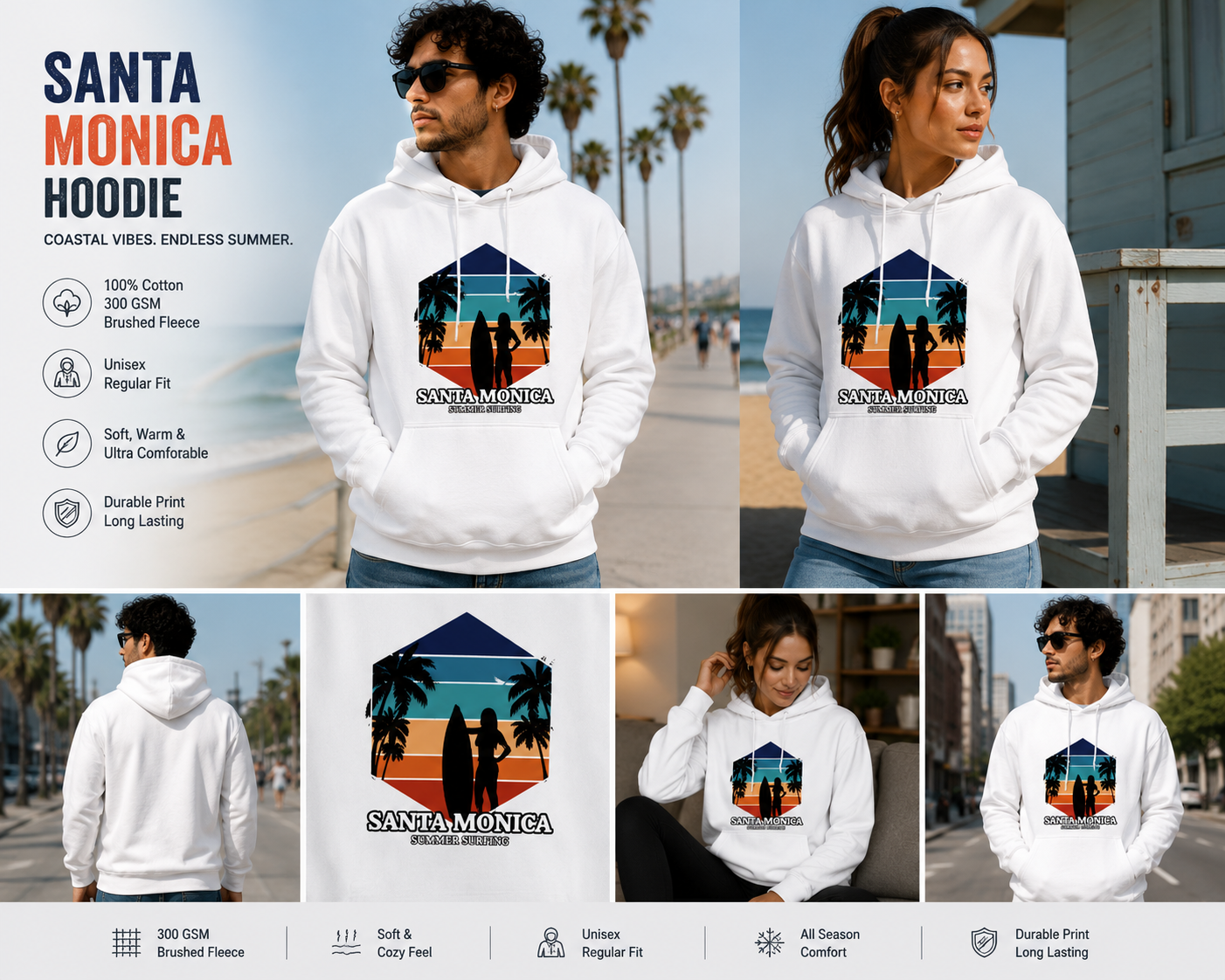 Santa Monica Summer Surf Unisex Hoodie – Beach & Surf Lifestyle Graphic Hoodie