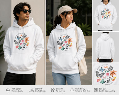 Happy Thoughts Unisex Premium Hoodie – Butterfly & Floral Graphic Hoodie