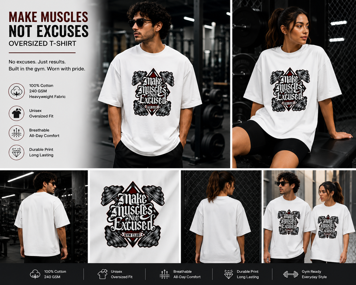 Make Muscles Not Excuses Unisex Oversized T-Shirt – Gym Motivation Graphic Tee