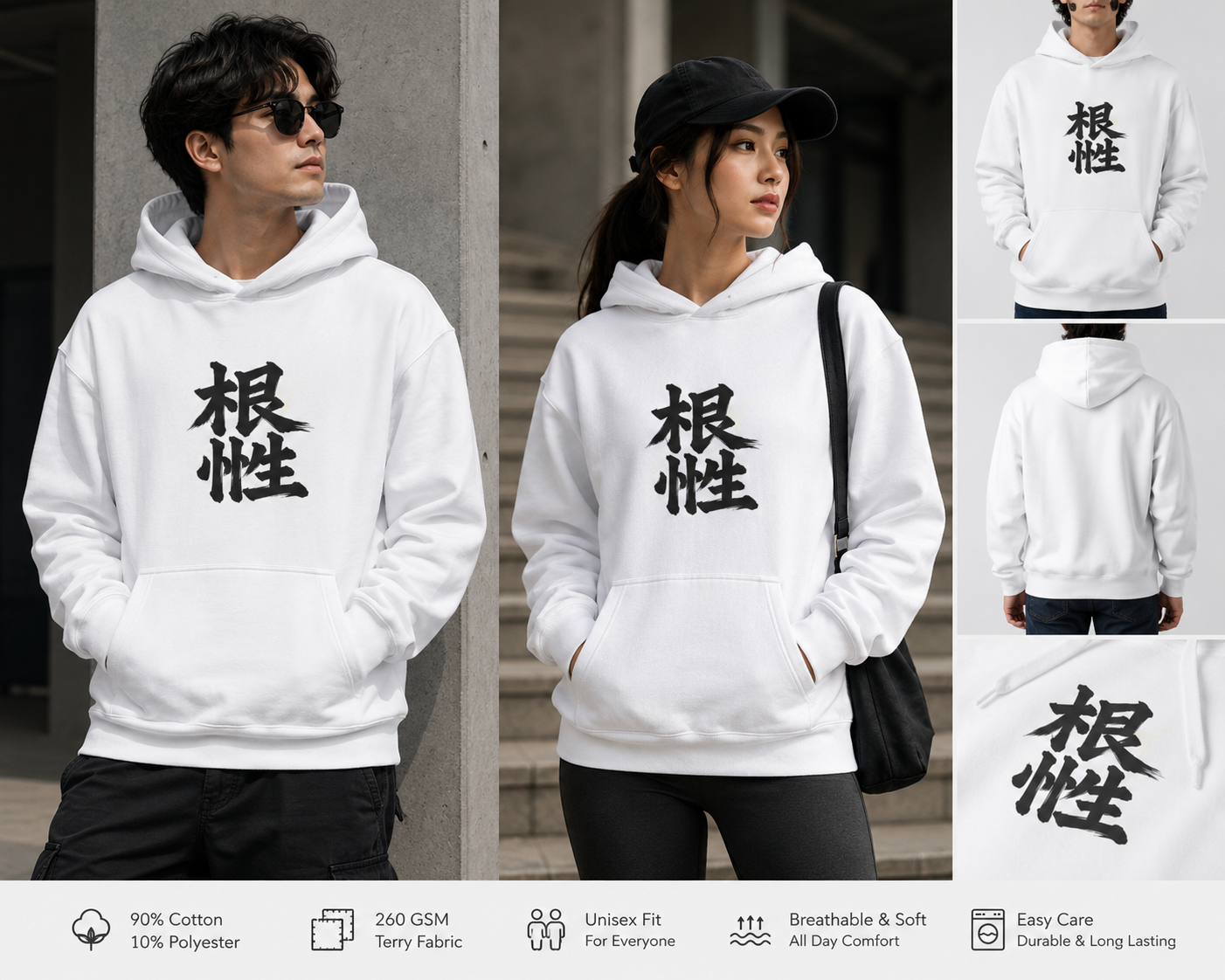 Konsei Unisex Pullover Hoodie – Minimalist Japanese Kanji Streetwear Hoodie