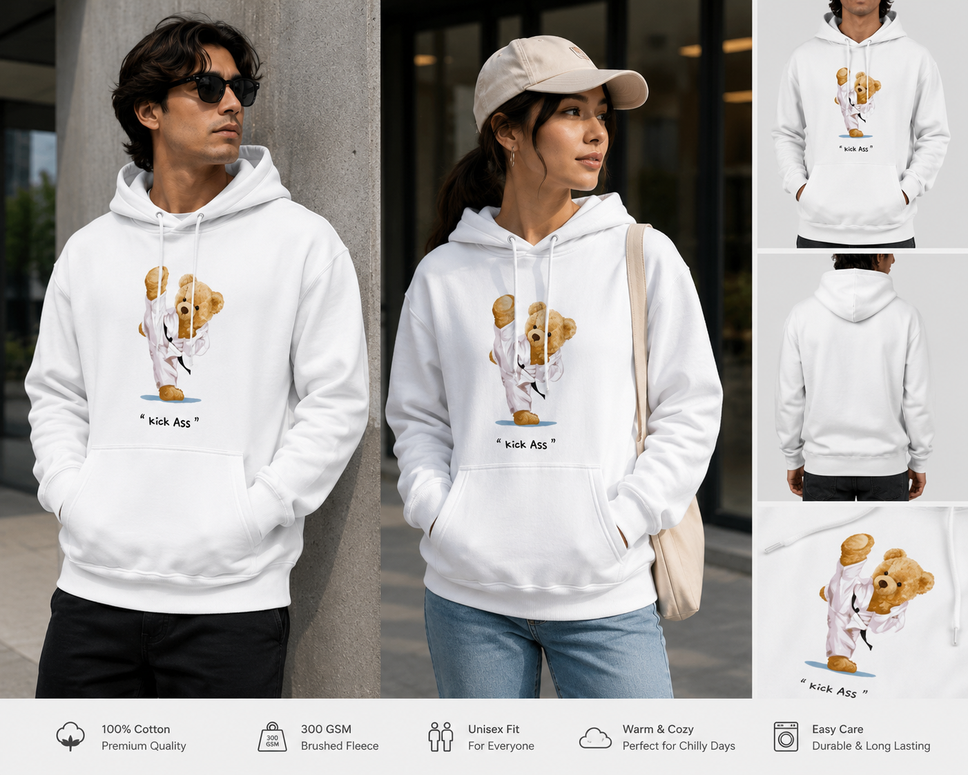 Kick Ass Teddy Unisex Premium Hoodie – Motivational Bear Graphic Hoodie