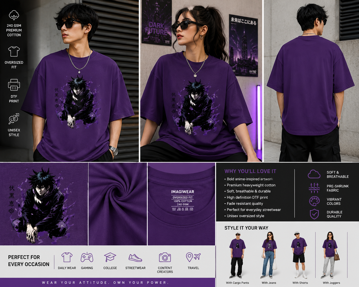 Purple t-shirt with black graphic design worn by a person, displayed from front, back, and side views.