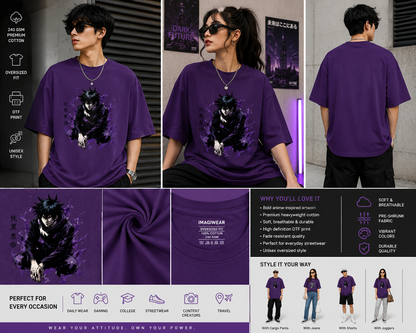 Purple t-shirt with black graphic design worn by a person, displayed from front, back, and side views.