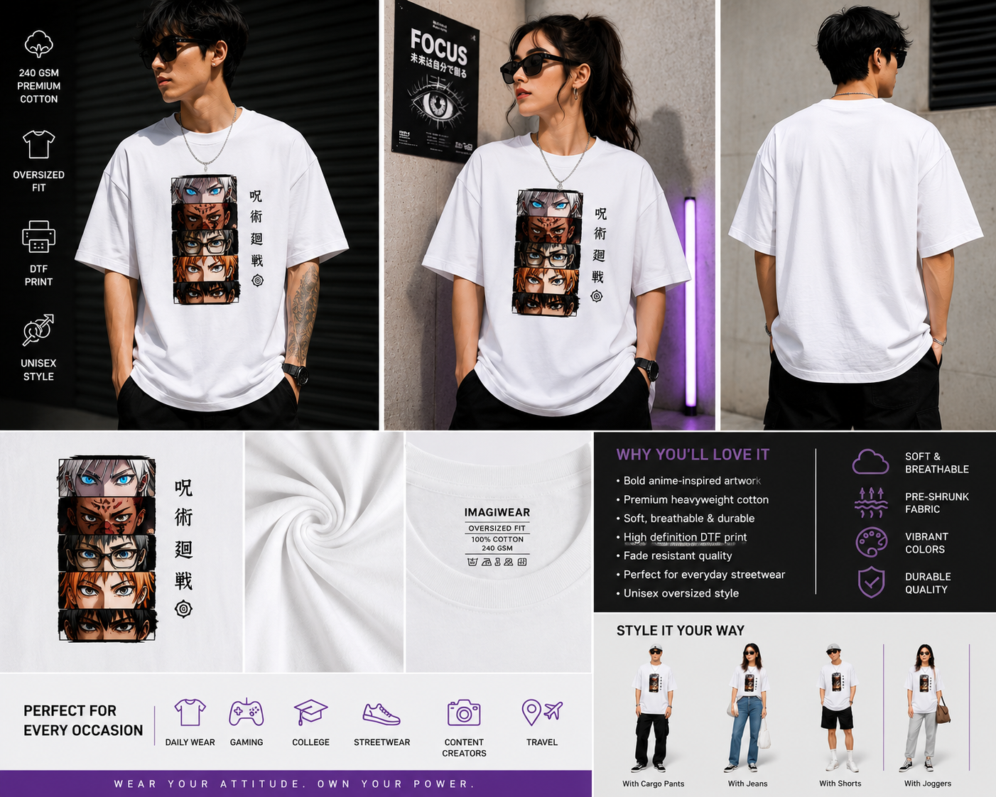 Anime Eyes Collage Oversized T-Shirt | Premium 240 GSM Cotton | Unisex