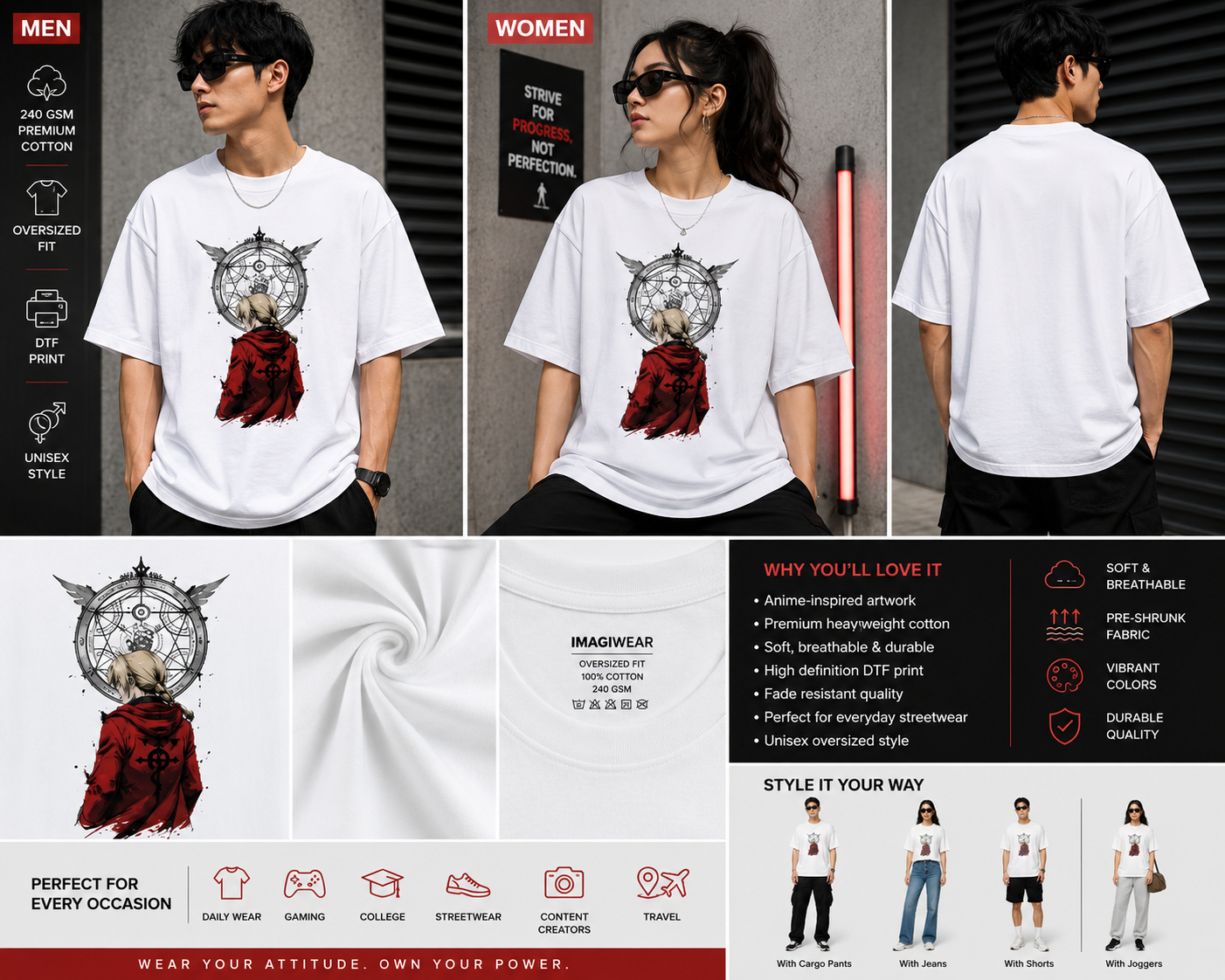 Crimson Alchemist Oversized T-Shirt | Anime Inspired Streetwear Graphic Tee