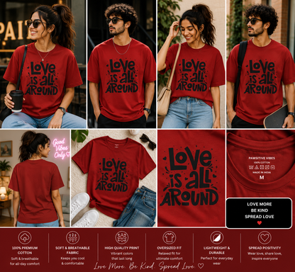 Love Is All Around Oversized T-Shirt | Romantic Typography Graphic Unisex Tee