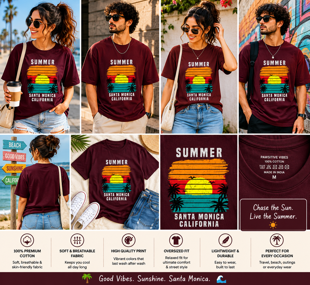 Summer Santa Monica California Oversized T-Shirt | Vintage Beach Graphic Unisex Tee