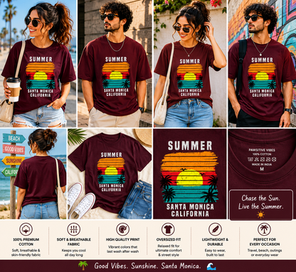 Summer Santa Monica California Oversized T-Shirt | Vintage Beach Graphic Unisex Tee