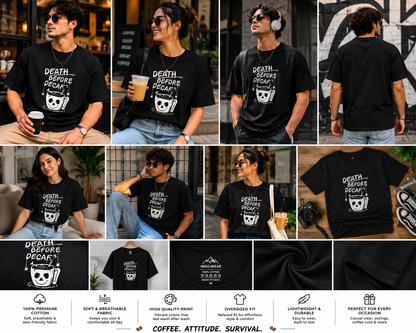 Death Before Decaf Oversized T-Shirt | Funny Coffee Lover Graphic Unisex Tee