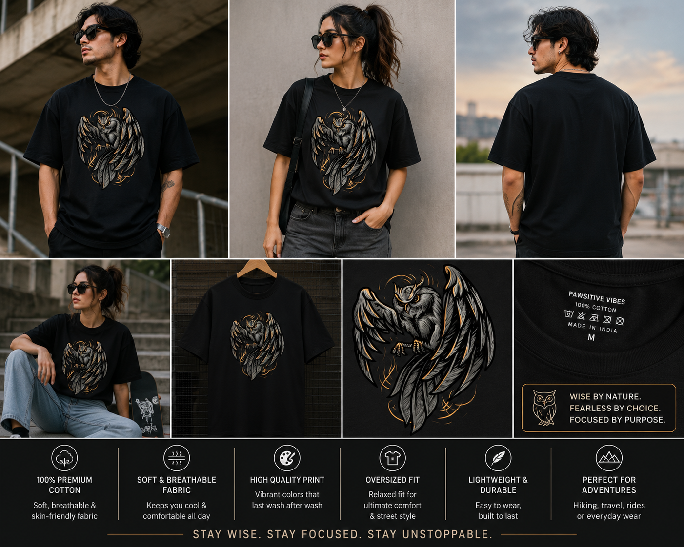 Mystic Owl Oversized T-Shirt | Gothic Wildlife Graphic Unisex Tee