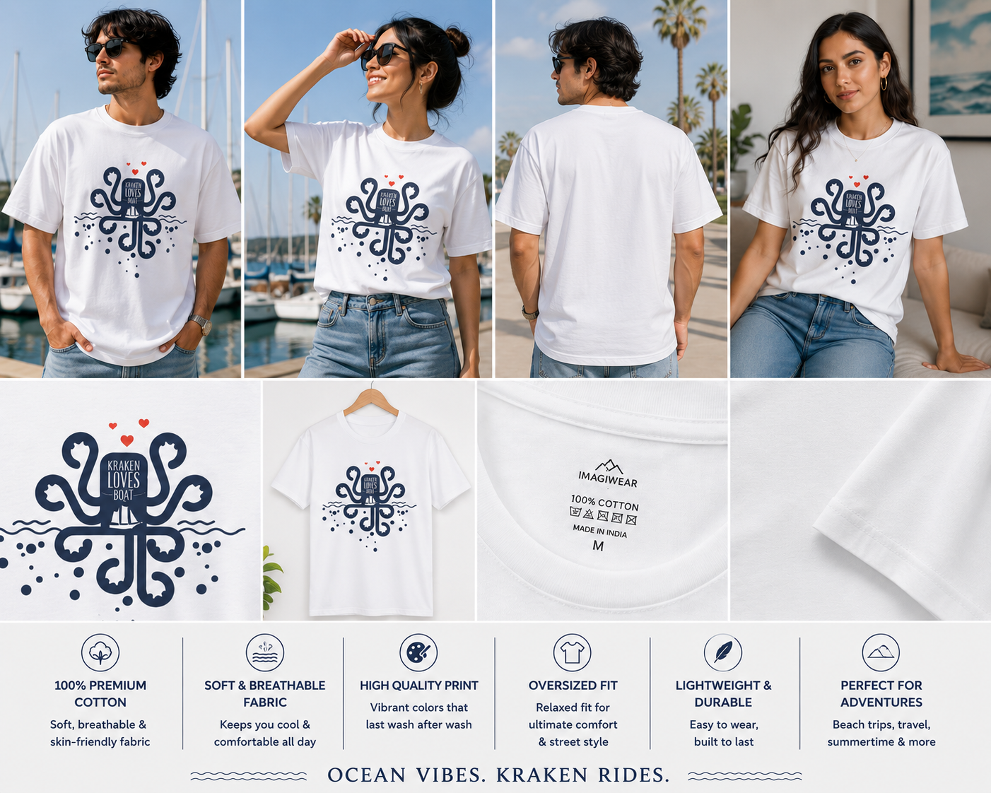 Kraken Loves Boat Oversized T-Shirt | Nautical Octopus Graphic Unisex Tee